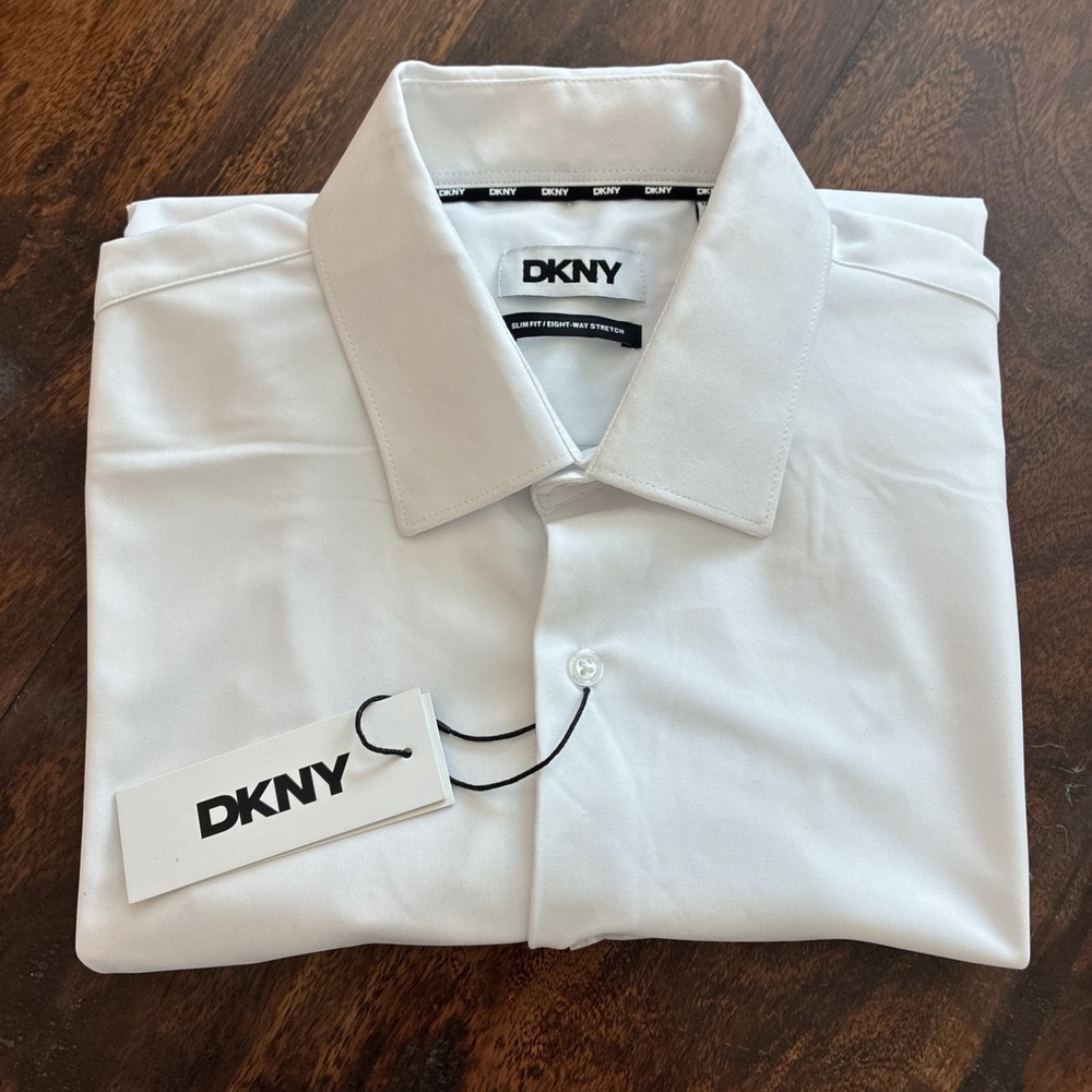 DKNY Men's White Slim Fit Stretch Dress Shirt Size L34/35-16/16.5 Long Sleeve